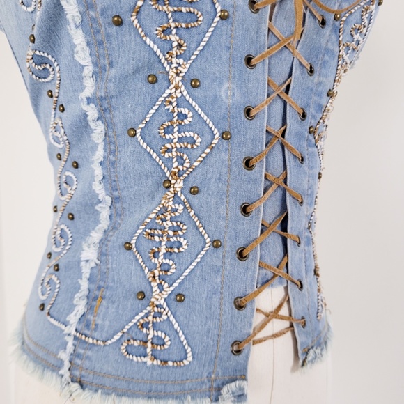 Vintage denim lace-up cropped camisole tank top denim embroidered embroidery - Picture 10 of 13